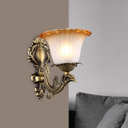 Rynx | Antique Flower Wall Lamp 1/2-Light Articulated White Glass Wall Lamp in Brass with Engraved Arm
