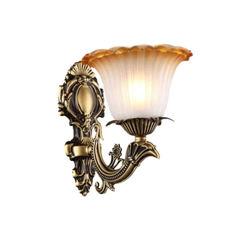 Rynx | Antique Flower Wall Lamp 1/2-Light Articulated White Glass Wall Lamp in Brass with Engraved Arm