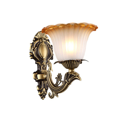Rynx | Antique Flower Wall Lamp 1/2-Light Articulated White Glass Wall Lamp in Brass with Engraved Arm