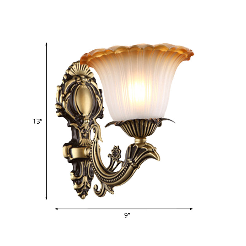 Rynx | Antique Flower Wall Lamp 1/2-Light Articulated White Glass Wall Lamp in Brass with Engraved Arm