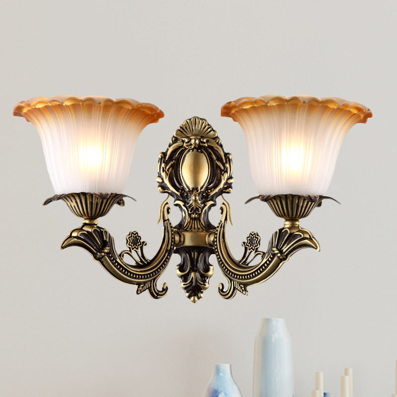 Rynx | Antique Flower Wall Lamp 1/2-Light Articulated White Glass Wall Lamp in Brass with Engraved Arm