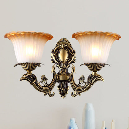 Rynx | Antique Flower Wall Lamp 1/2-Light Articulated White Glass Wall Lamp in Brass with Engraved Arm