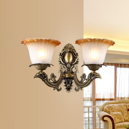 Rynx | Antique Flower Wall Lamp 1/2-Light Articulated White Glass Wall Lamp in Brass with Engraved Arm