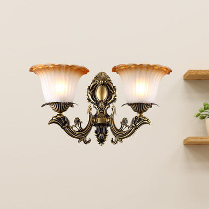 Rynx | Antique Flower Wall Lamp 1/2-Light Articulated White Glass Wall Lamp in Brass with Engraved Arm