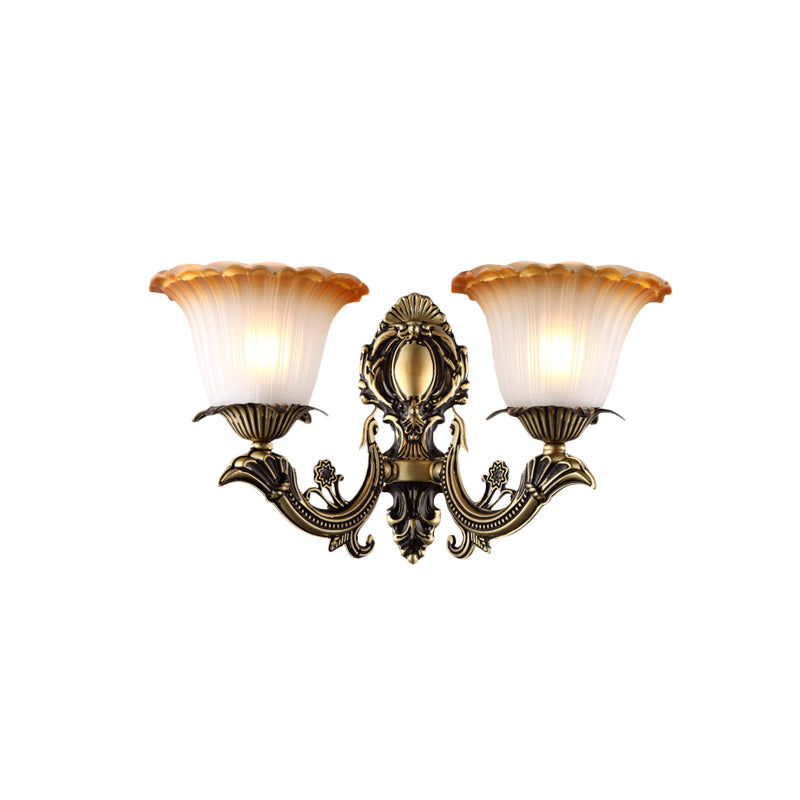 Rynx | Antique Flower Wall Lamp 1/2-Light Articulated White Glass Wall Lamp in Brass with Engraved Arm