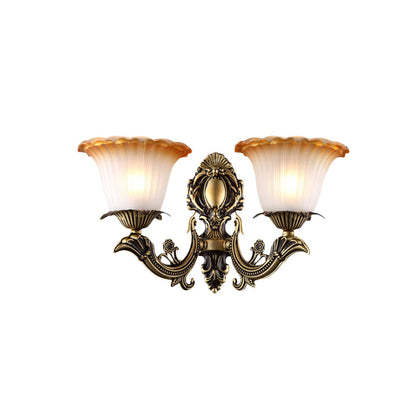 Rynx | Antique Flower Wall Lamp 1/2-Light Articulated White Glass Wall Lamp in Brass with Engraved Arm