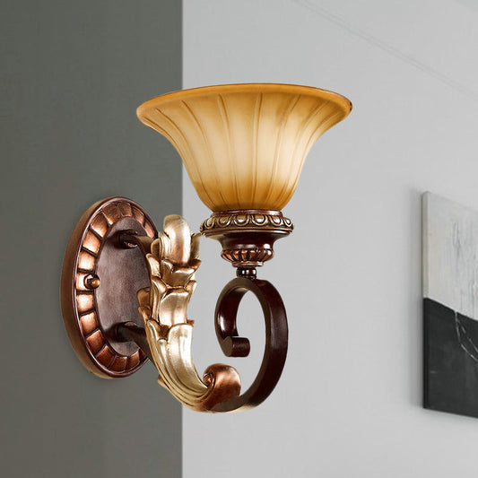 Rynx | Curved Amber Glass Wall Lamp Traditional 1 Light Living Room Wall Lamp in Bronze with Curved Arm