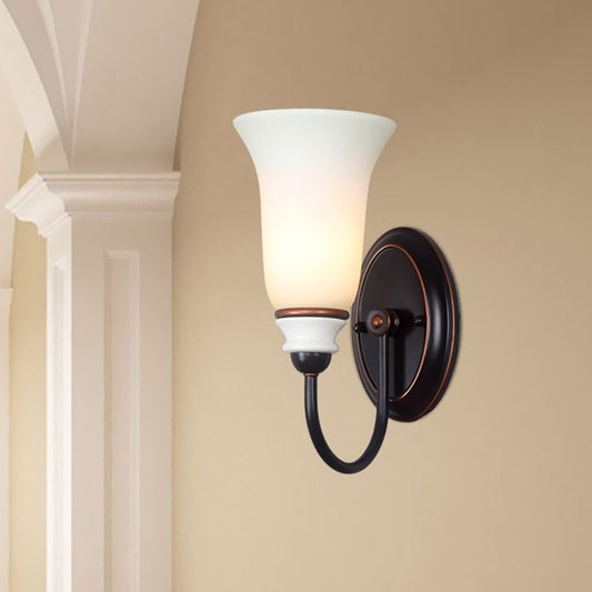Rynx | Bell Bedroom Wall Sconce Light Vintage Milk Glass 1 Light Black Wall Lamp with Goose Neck Arm