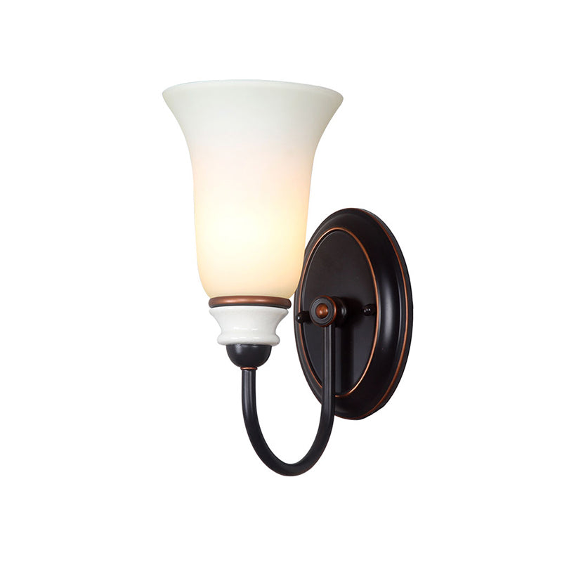 Rynx | Bell Bedroom Wall Sconce Light Vintage Milk Glass 1 Light Black Wall Lamp with Goose Neck Arm
