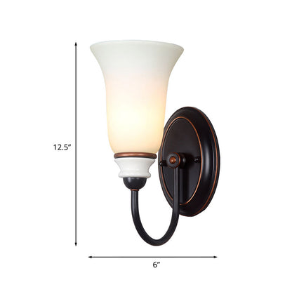 Rynx | Bell Bedroom Wall Sconce Light Vintage Milk Glass 1 Light Black Wall Lamp with Goose Neck Arm