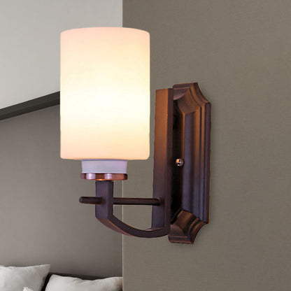 Rynx | Milky Glass Cylinder Wall Lamp Antique 1/2-Cap Living Room Wall Lighting Fixture in Black