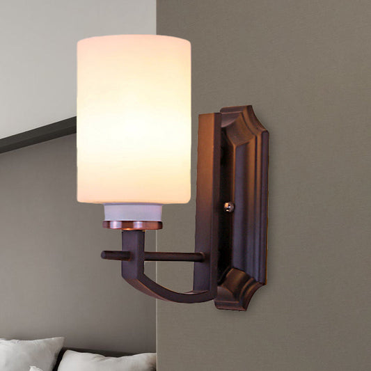 Rynx | Milky Glass Cylinder Wall Lamp Antique 1/2-Cap Living Room Wall Lighting Fixture in Black