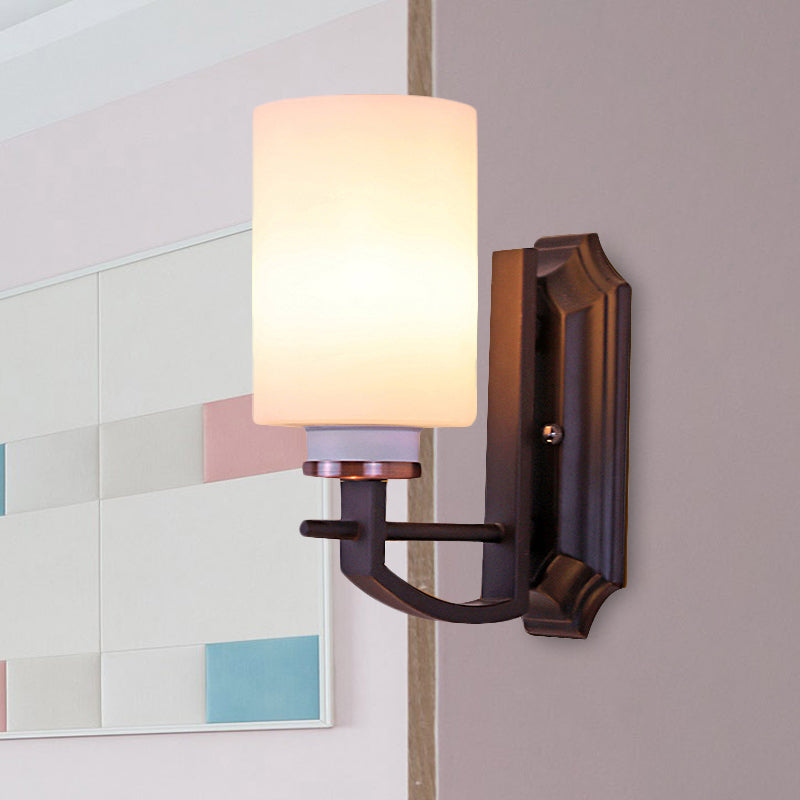 Rynx | Milky Glass Cylinder Wall Lamp Antique 1/2-Cap Living Room Wall Lighting Fixture in Black