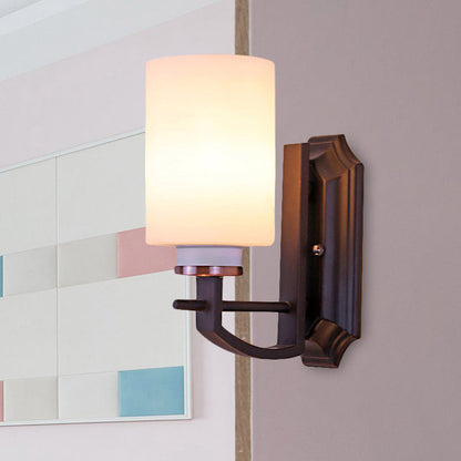 Rynx | Milky Glass Cylinder Wall Lamp Antique 1/2-Cap Living Room Wall Lighting Fixture in Black