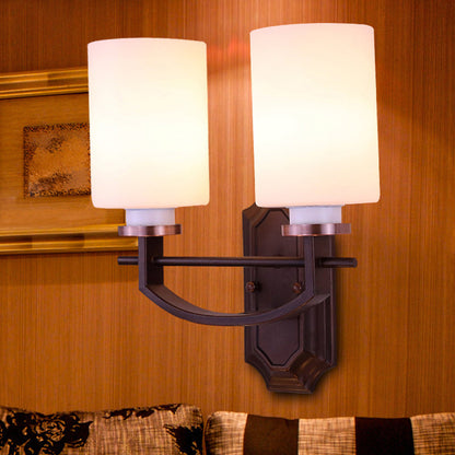 Rynx | Milky Glass Cylinder Wall Lamp Antique 1/2-Cap Living Room Wall Lighting Fixture in Black