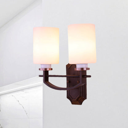 Rynx | Milky Glass Cylinder Wall Lamp Antique 1/2-Cap Living Room Wall Lighting Fixture in Black