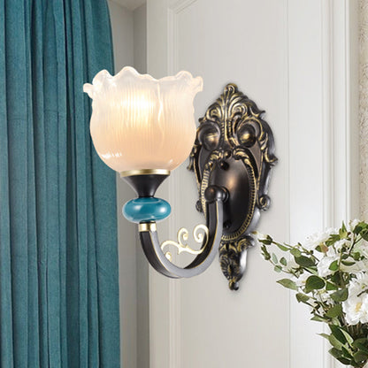 Rynx | Floral Bedroom Wall Light Lamp Retro Matte Glass 1/2-Light Bronze Wall Light with Metal Curved Arm