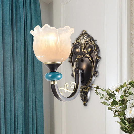 Rynx | Floral Bedroom Wall Light Lamp Retro Matte Glass 1/2-Light Bronze Wall Light with Metal Curved Arm