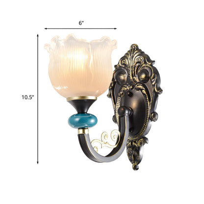 Rynx | Floral Bedroom Wall Light Lamp Retro Matte Glass 1/2-Light Bronze Wall Light with Metal Curved Arm