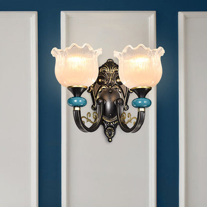 Rynx | Floral Bedroom Wall Light Lamp Retro Matte Glass 1/2-Light Bronze Wall Light with Metal Curved Arm