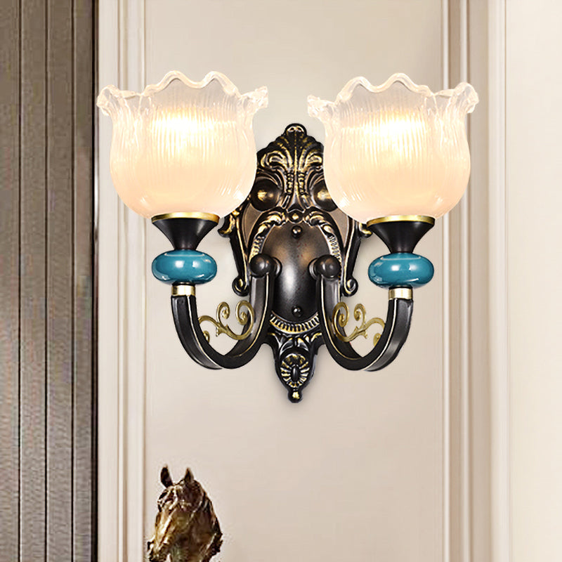 Rynx | Floral Bedroom Wall Light Lamp Retro Matte Glass 1/2-Light Bronze Wall Light with Metal Curved Arm