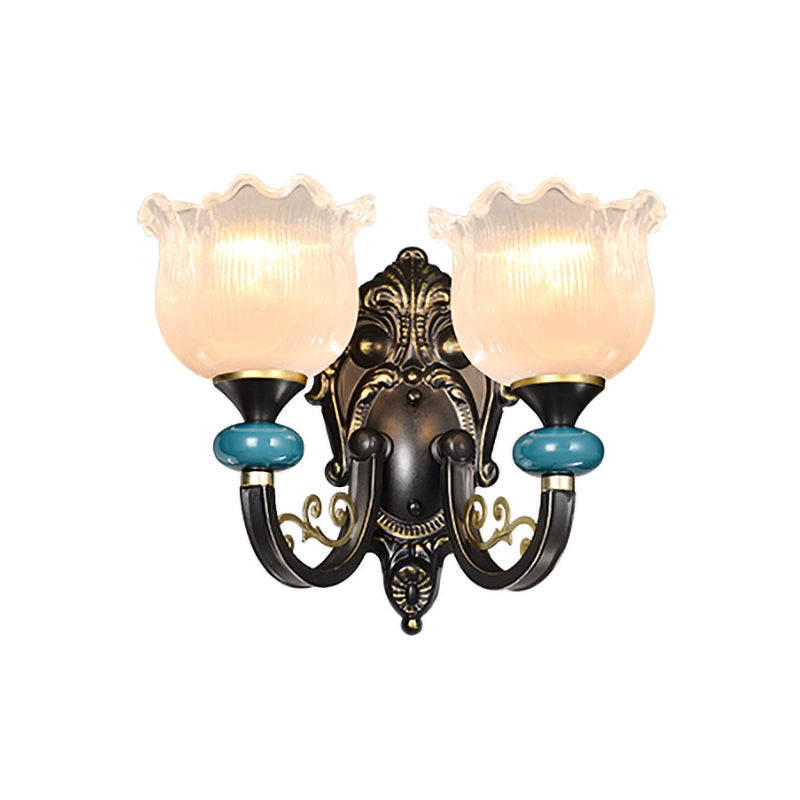 Rynx | Floral Bedroom Wall Light Lamp Retro Matte Glass 1/2-Light Bronze Wall Light with Metal Curved Arm