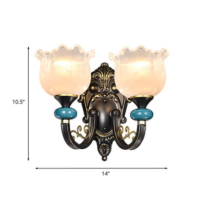 Rynx | Floral Bedroom Wall Light Lamp Retro Matte Glass 1/2-Light Bronze Wall Light with Metal Curved Arm