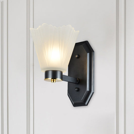Rynx | Tapered Milk Glass Wall Lighting Retro 1/2 Bulbs Living Room Wall Lamp in Black with Metal Straight Arm