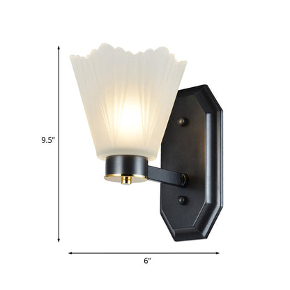 Rynx | Tapered Milk Glass Wall Lighting Retro 1/2 Bulbs Living Room Wall Lamp in Black with Metal Straight Arm