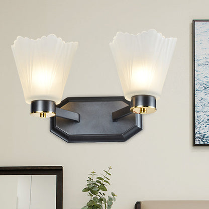 Rynx | Tapered Milk Glass Wall Lighting Retro 1/2 Bulbs Living Room Wall Lamp in Black with Metal Straight Arm
