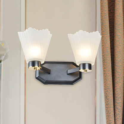 Rynx | Tapered Milk Glass Wall Lighting Retro 1/2 Bulbs Living Room Wall Lamp in Black with Metal Straight Arm