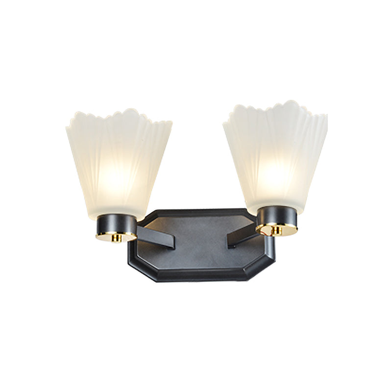 Rynx | Tapered Milk Glass Wall Lighting Retro 1/2 Bulbs Living Room Wall Lamp in Black with Metal Straight Arm