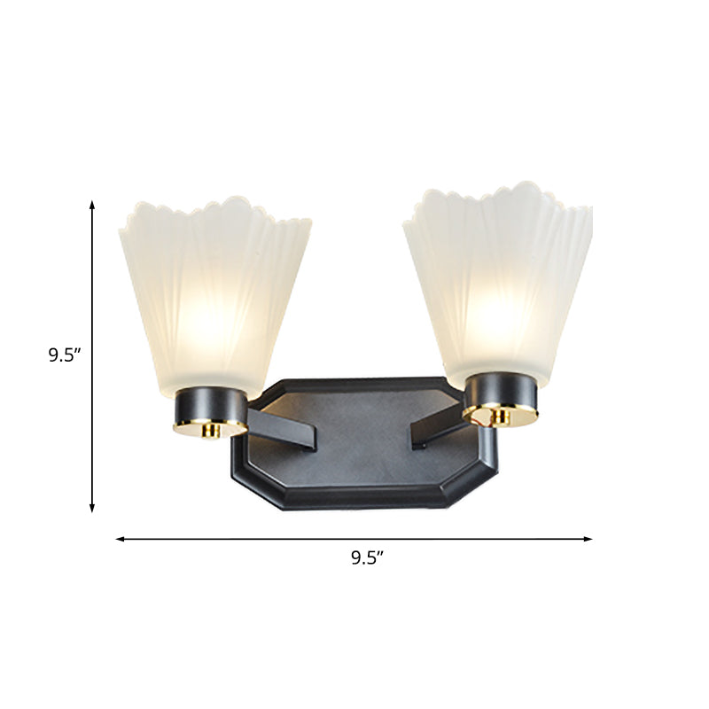 Rynx | Tapered Milk Glass Wall Lighting Retro 1/2 Bulbs Living Room Wall Lamp in Black with Metal Straight Arm