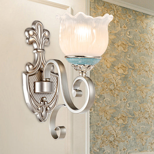 Rynx | Silver 1/2-Head Wall Lighting Traditional Cream Glass Blossom Wall Lamp with Scalloped Arm