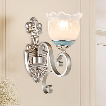 Rynx | Silver 1/2-Head Wall Lighting Traditional Cream Glass Blossom Wall Lamp with Scalloped Arm