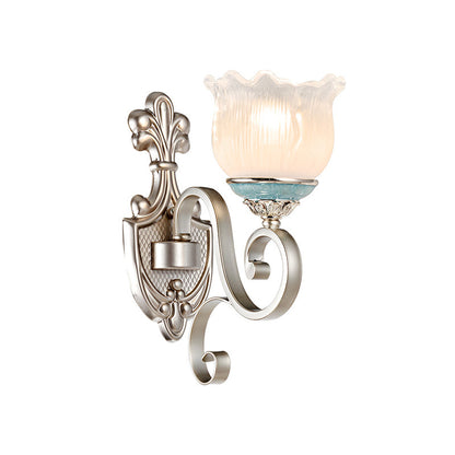 Rynx | Silver 1/2-Head Wall Lighting Traditional Cream Glass Blossom Wall Lamp with Scalloped Arm