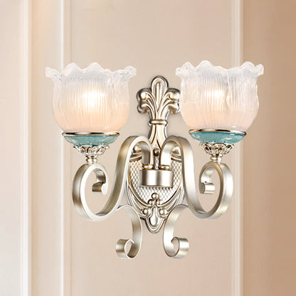 Rynx | Silver 1/2-Head Wall Lighting Traditional Cream Glass Blossom Wall Lamp with Scalloped Arm