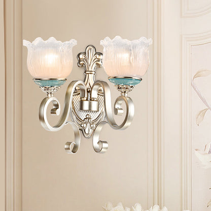 Rynx | Silver 1/2-Head Wall Lighting Traditional Cream Glass Blossom Wall Lamp with Scalloped Arm