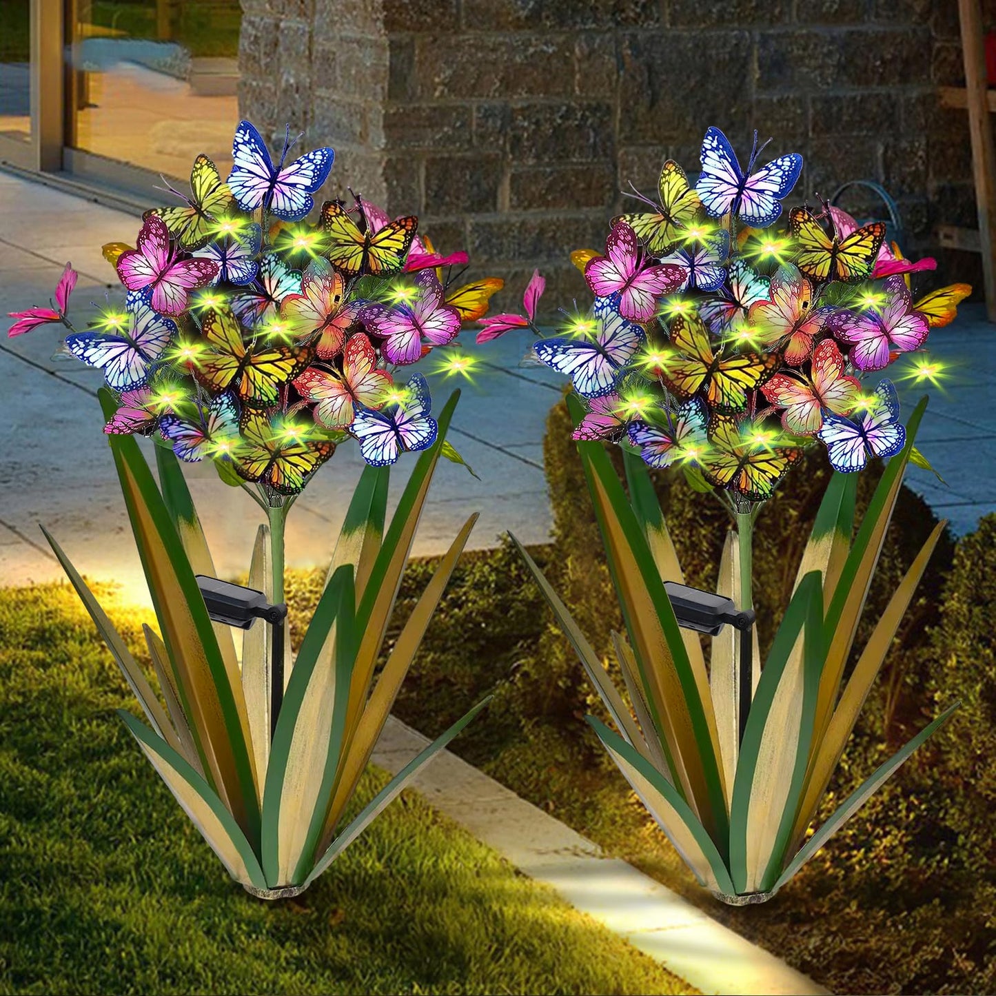 Rynx | Solar Metal Agave Butterfly Flower Stick Garden Sculpture Outdoor Gift Solar Garden Christmas Light Wobbling Butterfly Garden Light Solar Outdoor (2 Pcs Light Green)