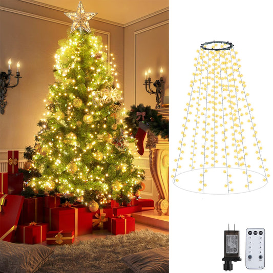 Rynx | Christmas Lights With Ring - 640 Led 7Ft Christmas Tree Decorations Light String With 8 Modes & Remote Control, Waterproof For Indoor Outdoor Christmas Tree Decor, Warm White