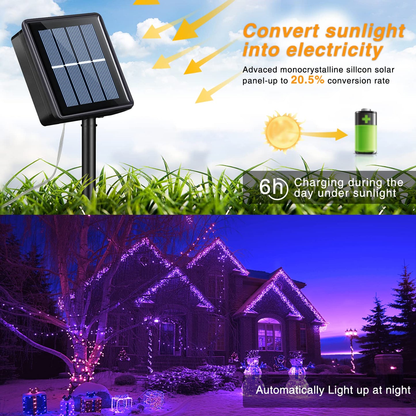 Rynx | Qitong 66Ft Purple Solar String Light, 200 LED, Waterproof, 8 Modes for Garden & Terrace Decor