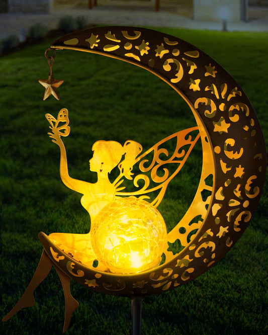 Rynx | Vuees Solar Energy Garden Statues Outdoor Decor, Fairy Moon Figure Light Stake, Housewarming Ornament For Patio, Lawn, Yard, Walkway
