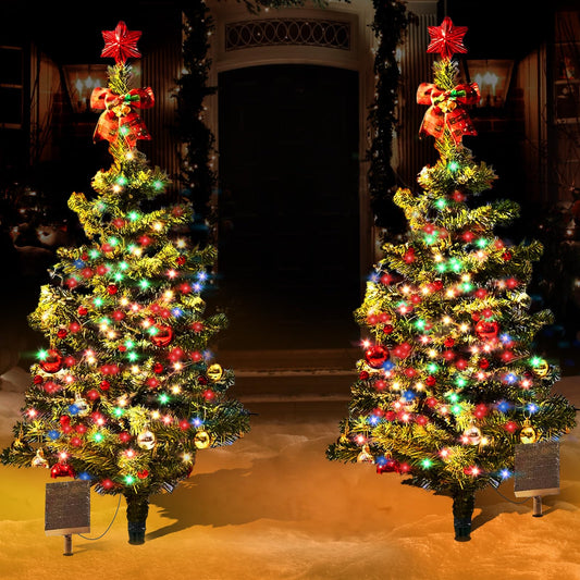 Rynx | Upgraded Set With 2 Solar Christmas Trees 39 Inches Outdoor Christmas Trees With 100 Leds, 8 Flashing Patterns With Ornaments For Outdoor