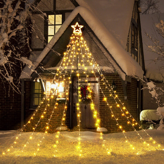 Rynx | Toodour Outdoor Christmas Decorations Star Lights, 317 Led 10Ft X 9 Waterfall Tree Lights With 12" Top Star, 8 Lighting Modes Outdoor Christmas Lights For Patio Garden Holiday Decor (Warm White)