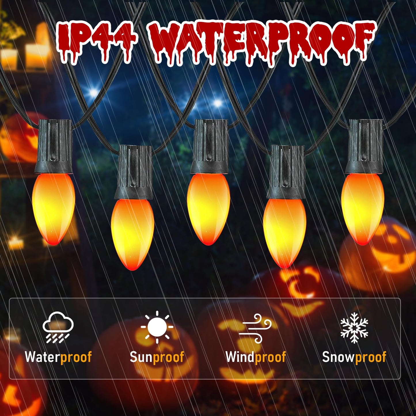 Rynx | Konictom 25Ft Orange Led Light Chains, Waterproof C7 Bulbs For Halloween & Holiday Decor