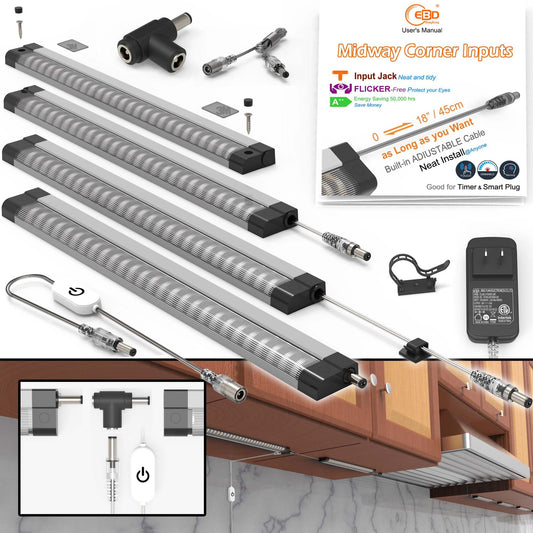 Rynx | Ebd Led Under Cabinet Lighting For Kitchen Built-in Adjustable Cable Corner Entry Under-Counter Light Fixture 4 Pcs Workbench L