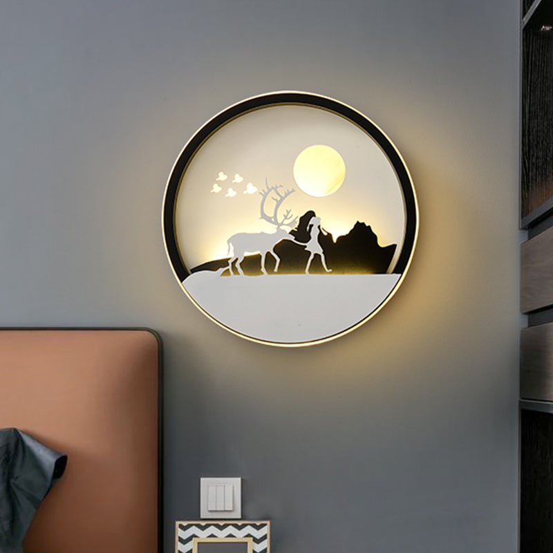 Rynx | Metal Round Wall Lighting Idea Modernistic LED Black Wall Lamp Wall Mount with Deer and Girl/Eagle/Windmill Design