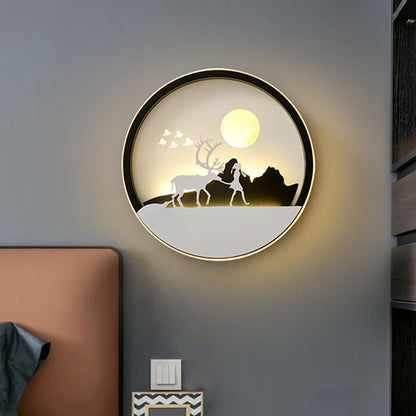 Rynx | Metal Round Wall Lighting Idea Modernistic LED Black Wall Lamp Wall Mount with Deer and Girl/Eagle/Windmill Design