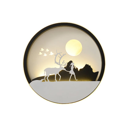 Rynx | Metal Round Wall Lighting Idea Modernistic LED Black Wall Lamp Wall Mount with Deer and Girl/Eagle/Windmill Design