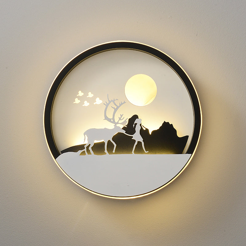 Rynx | Metal Round Wall Lighting Idea Modernistic LED Black Wall Lamp Wall Mount with Deer and Girl/Eagle/Windmill Design